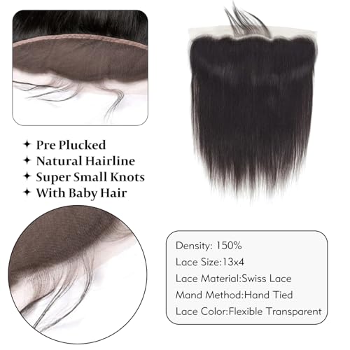 13x4 Lace Frontal Closure Straight Ear to Ear HD Lace Frontal Pre Plucked 20 Inch Brazilian Virgin Human Hair Frontals Free Part 150% Density Hair Extensions Natural Black