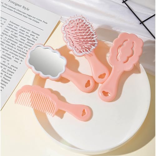 4 Pieces Mini Wet Hair Brush Hair Comb Set For Women Girls Kids Gift Small Cute Cloud shaped Hair Comb Hair Brush Handheld Mirror Set Travel Detangling Comb Massage HairBrush with Air Cushion (Pink)