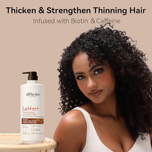 ALFHEIM Coffee+ Thickening Conditioner for Fine, Thin & Weak Hair with Caffeine, Biotin & Arabica Coffee Oil, Strengthening, Moisturizing & Volumizing Formula, Paraben-Free, Sulfate-Free, 33.8 oz 1L