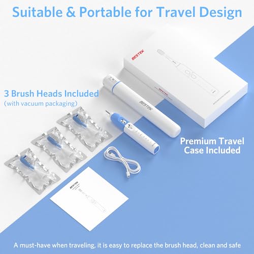 BESTEK Sonic Electric Toothbrush with IPX67 Waterproof, Powerful Cleaning Rechargeable Toothbrush with Multiple Modes & Smart Timer, 3 Replacement Brush Head & 1 Travel Case - Blue