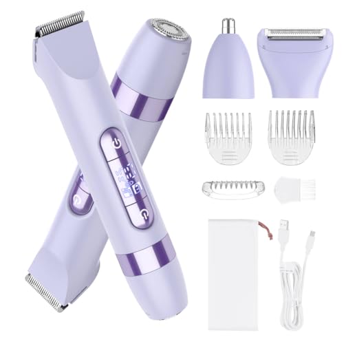 Hatteker 4-in-1 Women's Electric Razor, Dual-Head Body Hair Trimmer for Women, IPX7 Waterproof Rechargeable Bikini Trimmer & Facial Hair Remover for Legs, Armpits, Face, Nose, Eyebrows, Purple