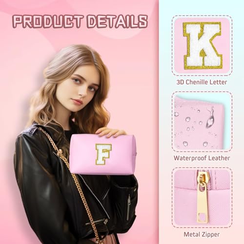 TOPEAST Initial Makeup Bag, Birthday Gifts for 4 5 6 7 8 9 10 11 12 Year Old Teen Girls, Personalized Preppy Cosmetic Bag | Leather Toiletry Bag (Pink A)