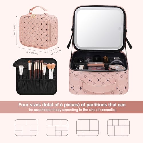 Travel Makeup Bag With 360¡Æ rotating LED Mirror,Waterproof cosmetic organizer,Portability Cosmetic case,Makeup organizer,Gift for Women,Girls Gift (Pink)