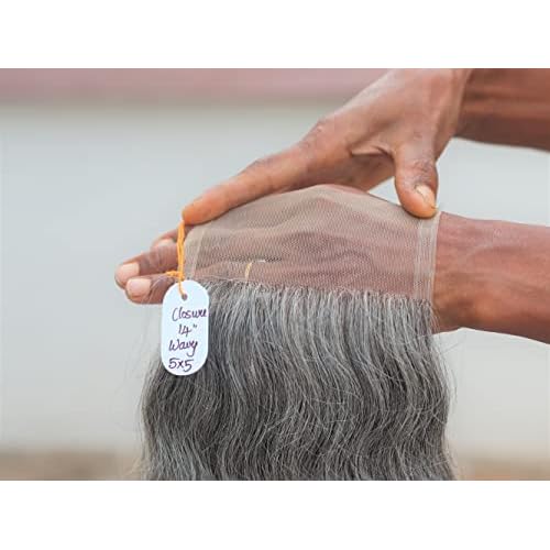 5x5 Closure 14" Salt & Pepper/Natural Gray Transparent Lace Hand Made with 100% Natural Indian Virgin Temple Raw Hair