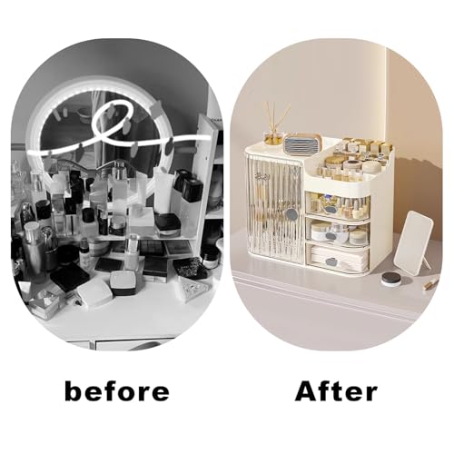 DASITON Makeup Organizer for Vanity,Large Capacity Makeup Storage Organizer with 3-Layer Drawers and Mirror,Cosmetics Display Case Make up Organizers for Vanity,Bedroom,Countertop(Clear-Cream)