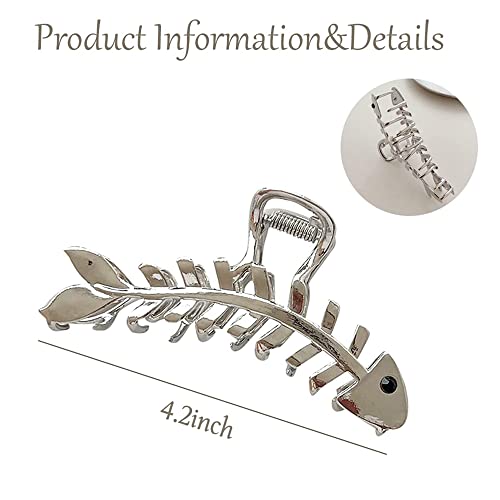 Hair Jaw Claw Clips Fish Bone Shape Large Metal Gold Fashion Nonslip Hairpin Catch Clip Accessories for Thick/Thin Hair HairStyling (Sliver)