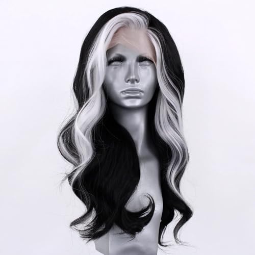 RONGDUOYI RDY Black Mix White Highlight Wig for Women Pure Black with a White Front Streak Lace Front Wigs 26inches Long Body Wave Synthetic Wig with Natural Hairline