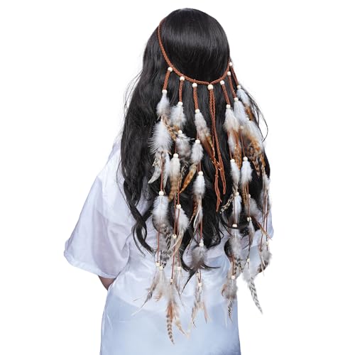 AWAYTR Feather Headband Women Festival Headwear Bohomia Feather Rope Crown Headdres For girls (White + Brown)