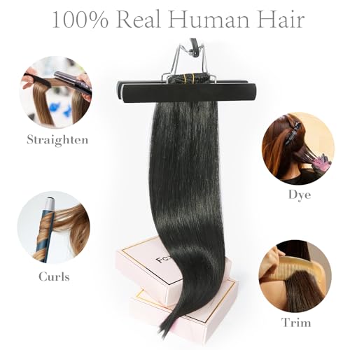 FoxFace Clip in Hair Extensions Real Human Hair, Thick Extensions from Root to Tip, Natural Hair Clip Ins, Jet Black, 22 Inch 120g 7Pcs