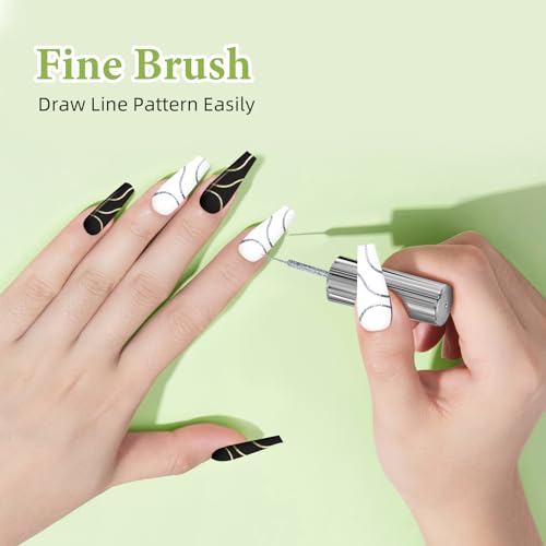 Gel Nail Art Polish Set with Thin Brush ? 4 Colors White Gel Nail Polish Black Silver Glitter Liner for Nail Art Design French Tips Soak Off UV/LED 8ml