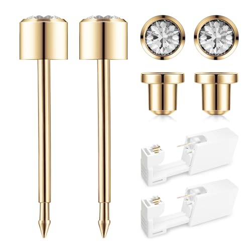 Ear Piercing Kit Gold - Safety Backs Disposable Ear Piercing Gun Kit Made in 316L Surgical Stainless Steel | At Home Self Piercing Kit with Preloaded CZ Stud Earrings | 2 Pack (4mm)