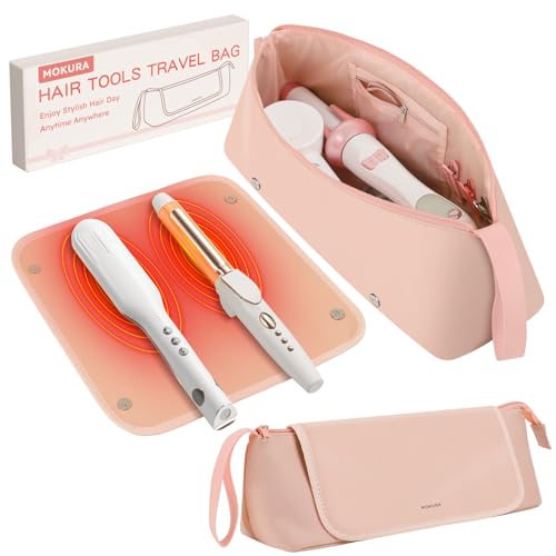 MOKURA Hot Hair Tools Travel Bag with Heat Resistant Mat, Women Hair Accessories Organizer Case, Storage Pouch for Curling Iron Straightener Flat Iron, Stocking Stuffers for Women, Gifts for Mom, Pink