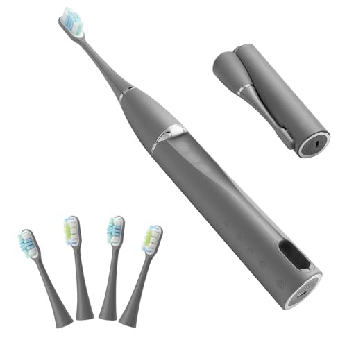 Folding Grey Sonic Electric Toothbrush Self Cleaning Travel Rechargeable Portable.4 Brush Heads.