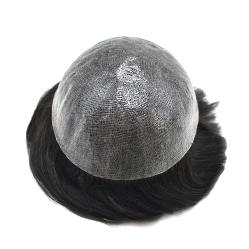 RESHE Toupee For Men Hair Pieces Real Human Hair Mens Toupee Hair Replacement System Poly Skin Hair Piece For Men 0.12mm Grey Ash Blond Black Brown Protesis Capilar Para Hombre8x10-1B# OFF BLACK