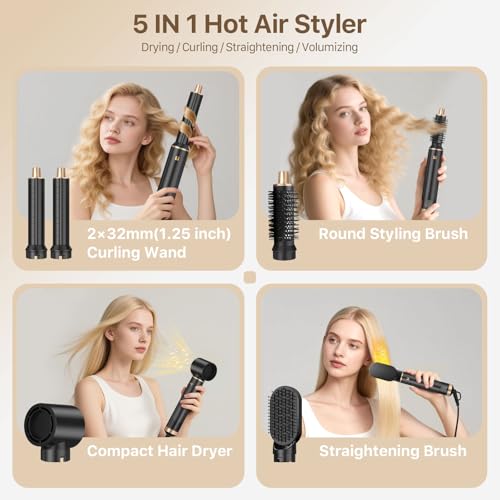 Sendowtek Hot Air Styler Brush Set for Women 5 in 1, 800W 3 Level Temp Hairdryer Comb for Rotating Curling Straightening Volumize Auto Wrap Curler Multi-Styler Hair Styling Tools for Multi Hair Home