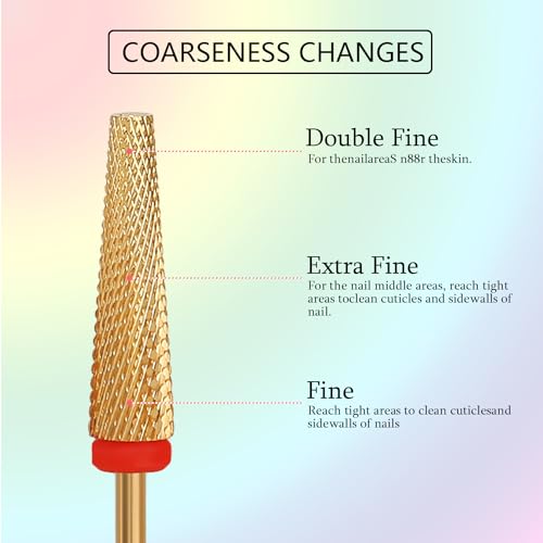 Super Long 5 in 1 Nail Drill Bits, Professional 3/32'' Carbide Tungsten Two Way Rotary Advanced Safety Bits, Fast Remove for Manicure Pedicure Cuticle Acrylic Nails (Gold, Fine-F)