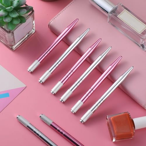 Gisafai 50 Pcs Microblading Pen Manual Eyebrow Pens Supplies Aluminum Pen Tool Holder Hand Tools for Makeup Supplies Salons(Silver, Pink)