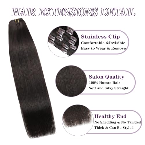 Clip in Hair Extensions Real Human Hair Dark Brown Hair Extensions Silky Straight Clip in Human Hair Extension Clip ins Remy Hair for Women 85g 7pcs 14 Inch
