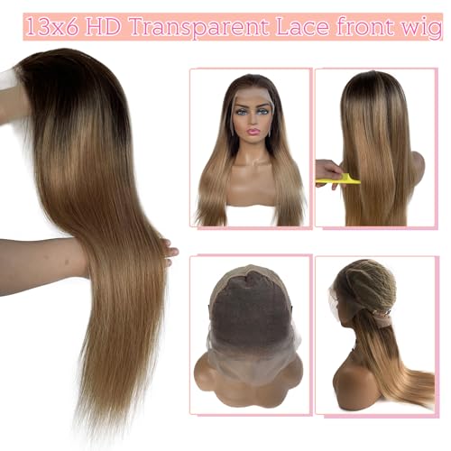 28Inch Honey Blonde Ombre Lace Front Wigs Human Hair Pre Plucked Long Straight Blonde Ombre 13x6 HD Free Part Lace Front Wigs Human Hair for Women,Glueless Brown Roots Honey Blonde Lace Frontal Wig