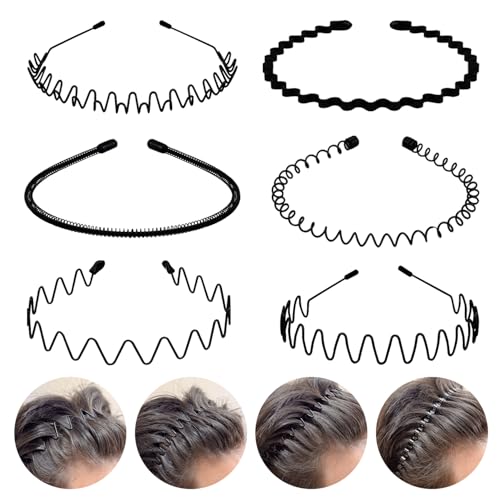 fenshine 6PCS Metal Hair Bands, Spring Wavy Hoop Unisex Black Headband Slicked Back Non Slip Sports Hairband for Women Men¡¦