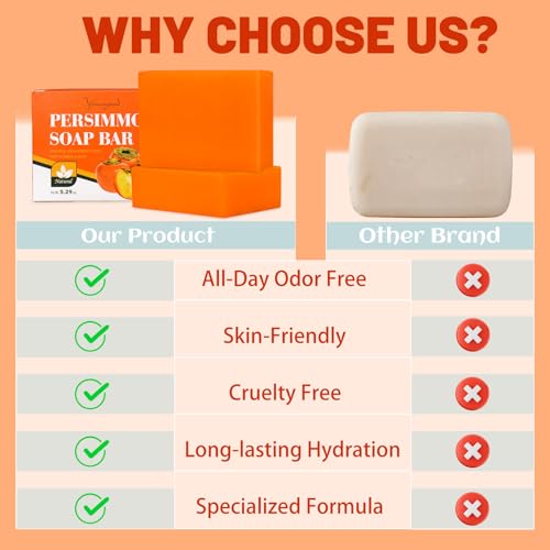 2 PCS Persimmon Soap Bar for Old People Smell, Natural Body Odor Control Bar Soap for Men & Women Deodorizing, Handmade Bath Bar Soap for Eliminating Strong Smell Odor Deeply Cleansing
