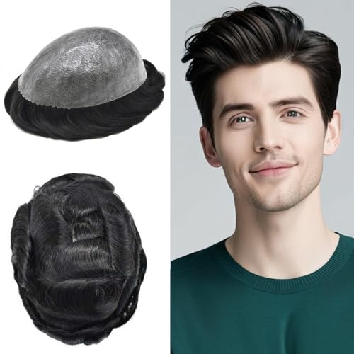 Toupee For Men Full Poly Mens Toupee Human Hair Pieces For Men Hair Replacement System Hairpieces For Men Protesis Capilar Para Hombre 8x10#1B OFF BLACK 120% Density