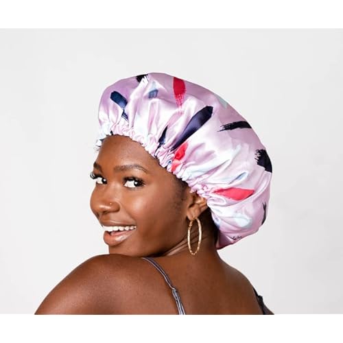 Glow By Daye Satin Bonnet, Double-Layered and Adjustable Satin Sleep Cap, Extra Large, Reversible Free Spirit Pink Brushstrokes