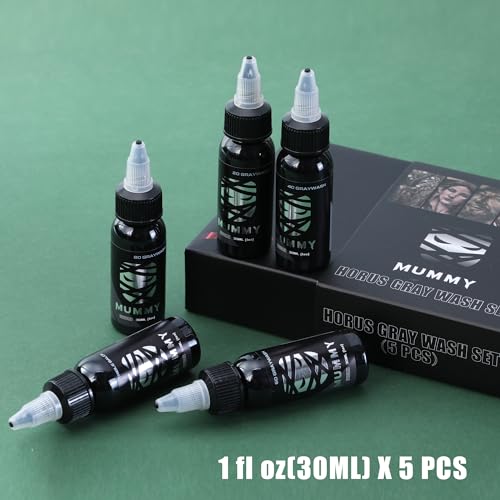 Mummy Greywash Tattoo Ink Set - 5 Bottles (1 oz Each) Includes: 20, 40, 60 Greywash, Triple Black