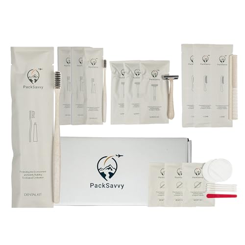 PackSavvy Travel Size Toiletries | 12 Piece Box | Sets of 3 | Disposable Toothbrush, Razor, Comb and Cotton Swabs Set | Travel Essentials | Air bnb Essentials