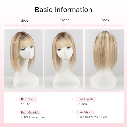 EMMOR 14 Inch Human Hair Topper for Women - 5" ¡¿ 6" Upgrade Swiss Lace Base with 3 Non-Slip Clips, 100% Real Hair Toppers for Thinning Hair & Natural Looking-Straight Bang(#005)