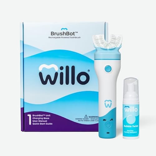 Willo BrushBot Kids U-Shaped Toothbrush Starter Kit ? Rechargeable, Smart Electric Toothbrush for Kids Ages 8-11 w/App, Soft Bristles, Plaque Removal, Gentle & Deep Clean Modes | Medium Bubble Twist
