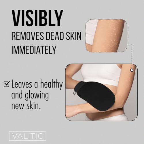 Valitic Exfoliating Glove Body Scrubber - Exfoliating Mitt Dead Skin Remover, Shower Face and Body Exfoliator - Korean Style Skin Scrubber Washcloth - Spray and Self Tan Remover, Pair Black