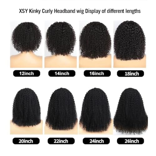 XSY Headband Wig Human Hair Kinky Curly 20 Inch Headband Wigs for Black Women Deep Curly Human Hair Wigs None Lace Front Wig 150% Density Natural Black Color