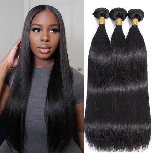 Straight Hair Bundles - 20 22 24 Inch | 100% Unprocessed Brazilian Virgin Human Hair | 3-Pack Quick Weave Bundles with Glossy Finish for Women