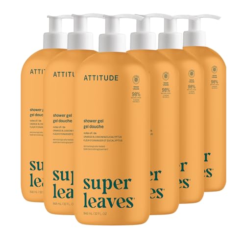 ATTITUDE Body Wash, EWG Verified Shower Gel, Dermatologically Tested, Plant and Mineral-Based, Vegan Personal Care Products, Orange Blossom & Eucalyptus, 32 Fl Oz (Pack of 6)