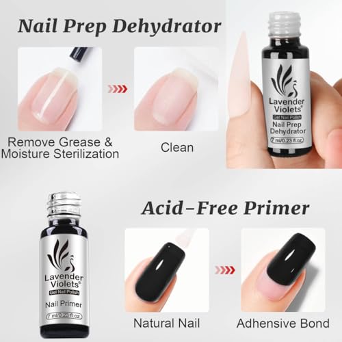 Lavender Violets 6pcs Gel Base and Top Coat Set Nail Dehydrator and Primer, 5-in-1 Builder & Pink Rubber Base Coat, Matte & No-Wipe Top Coat Long-Lasting Manicure Essential Kit for Home DIY C200