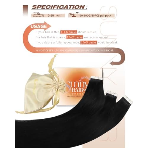 Sunny Hair Tape in Hair Extensions Human Hair 24inch Hair Extensions Real Human Hair Tape in Extensions for Women Jet Black Invisible Remy Hair Natural Straight Skin Weft Double Sided Tape 40pcs 100g