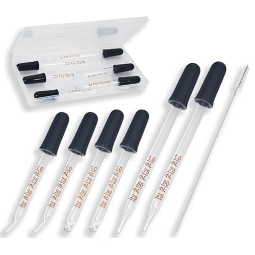 6 Pack Glass Pipette Dropper with Brush - Bent & Straight Tips, 1 ml Eye Droppers for Essential Oils, Lab, Crafts, Measuring and Transferring Liquids