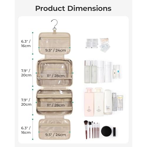 BAGSMART Travel Toiletry Bag for Women, Hanging Travel Bag for Toiletries, Puffy Makeup Cosmetic Bag Organizer, Carry-on Travel Accessories Essentials, Camel