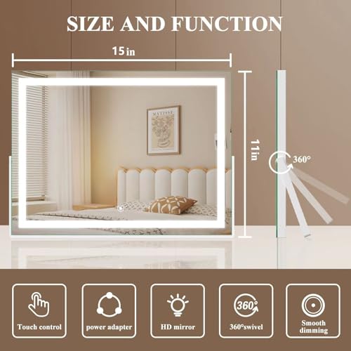 Vanity Mirror with Lights, 15"¡¿ 11" LED Makeup Mirror, Lighted Makeup Mirror with Lights, Smart Touch Control Dimmable 3 Modes Light 360¡ÆRotation White