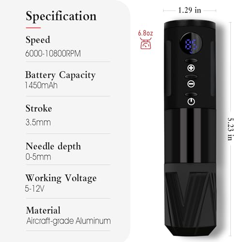 Dragoart MC-A1 Tattoo Pen Rotary Tattoo Machine, Brushless Motor 1450mAh Battery Power Tattoo Pen Machine with Ring Remote Switch Minimal Vibration Tattoo Gun Wireless for Artist & Beginners