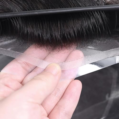 HAPPY&CC Men's Toupee Swiss Lace Front Human Hair Pieces for Men Fine Mono Top With Pu Around Mens Hair Replacement System Protesis Capilar Hombre #1B Off Black Color 7X9 Inch