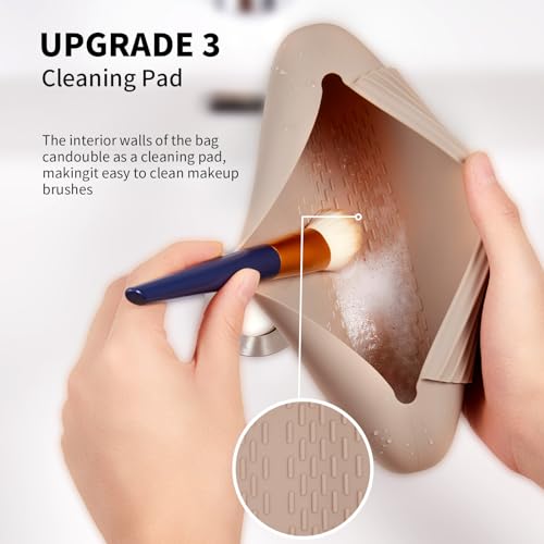 Silicone Makeup Brush Holder Travel Cosmetic Bag£ºSoft Portable Cosmetic Face Brushes Holder with Upgrade Anti-Fall Out Magnetic Closure, Large Travel Makeup Brush Case - Walnut