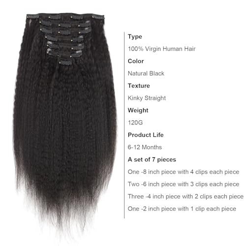 AmazingBeauty Blow Out Clip in Extensions Kinky Straight 8A Grade Thick 100% Remy Hair Natural Black 7 Pieces with 17 Clips 120g/4.2oz per Set Fit For Full Head 22 Inch