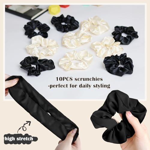 Long Hair Bonnet for Women, XL Silky Satin Sleeping Cap with Tie Band for Braids Curly Hair, Includes 10PCS Scrunchies