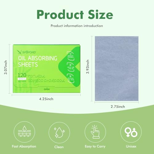 Oil Absorbing Sheets with Bamboo Charcoal - 4 Pack (480 sheets) Oil Blotting Sheets For Face, 20% More Makeup Friendly High-performance Handy Face Blotting Paper for Oily Skin