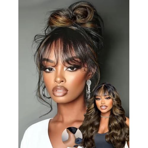 Sunber Ombre Brown Loose Body Wave With Bangs Pre Everything Glueless 13x4 HD Lace Front Human Hair Wig 180% Density Highlight Balayage Pre cut Lace Pre Plucked Bye Bye Knots Drawstring Wig 20Inch