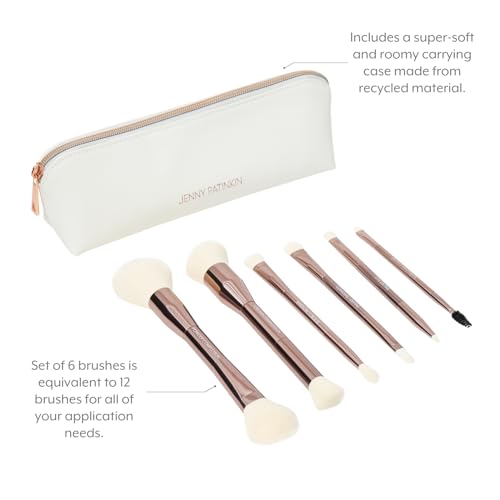 Jenny Patinkin Luxury Dual Ended Makeup Brush Set, 6 Makeup Brushes, Professional & Travel Makeup Brush Set with White Leather Case, 2.5x More Vegan, Soft Bristles for Full Face Flawless Application.