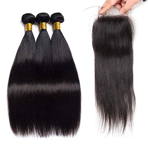 Straight Human Hair Bundles With Closure 18 20 22+16closure 100% Unprocessed Remy Brazilian Virgin Straight Hair 3 Bundles with 4x4 Free Part Closure 9A Remy Human Hair Extensions Natural Color