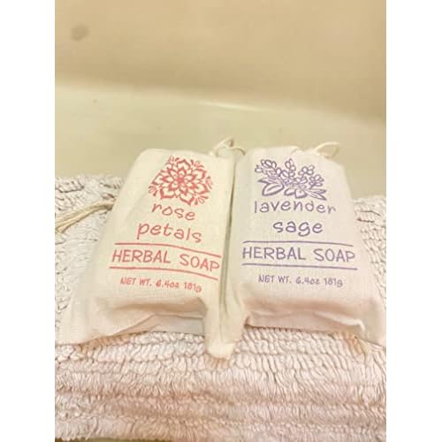 Greenwich Bay Trading Set of 2 Herbal Soaps Lavender Sage and Rose Petal - 6.4 Oz Bars Wrapped in Drawstring Cloth Sacks-Enriched with Shea Butter, Virgin Olive Oil and Fresh Botanical Scents